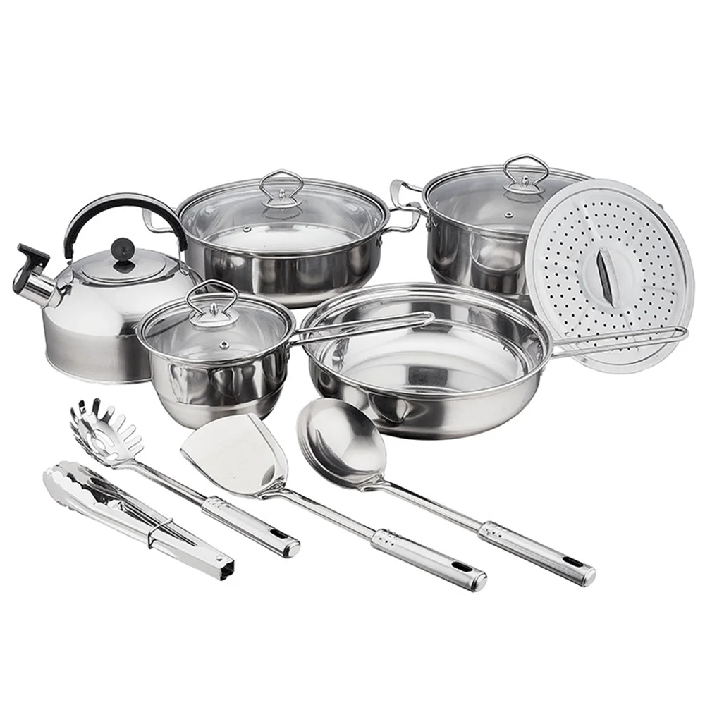 Stainless Steel Cookware 14-Piece Set Thickened Non-Stick Flat-Bottomed Frying Pan Milk Pot Soup Pot Combination Set