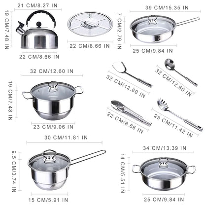 Stainless Steel Cookware 14-Piece Set Thickened Non-Stick Flat-Bottomed Frying Pan Milk Pot Soup Pot Combination Set