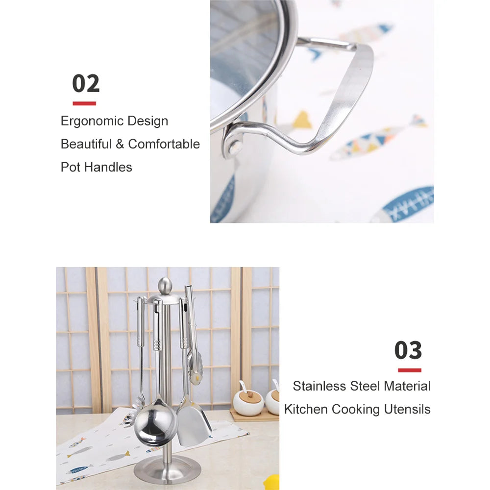 Stainless Steel Cookware 14-Piece Set Thickened Non-Stick Flat-Bottomed Frying Pan Milk Pot Soup Pot Combination Set