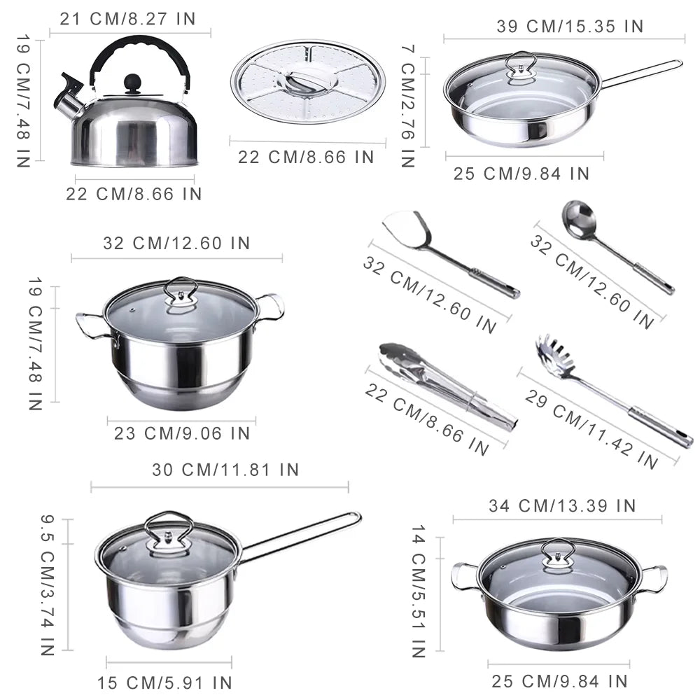 Stainless Steel Cookware 14-Piece Set Thickened Non-Stick Flat-Bottomed Frying Pan Milk Pot Soup Pot Combination Set