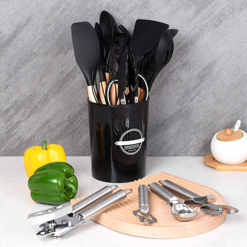 44PCS Silicone Kitchenware Multi-purpose Cookware Utensils Spatula Soup Spoon Shovel Egg Beaters Wooden Handle Cooking Tool Set