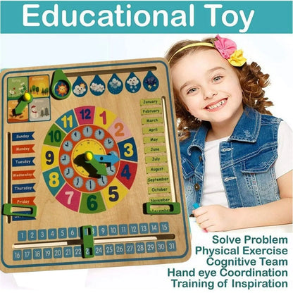 Kids Children Educational Wooden Calendar Board Season Time Days Months Clock