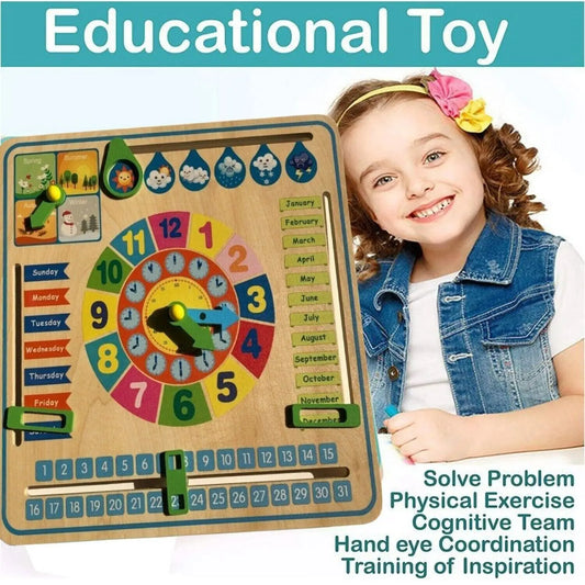 Kids Children Educational Wooden Calendar Board Season Time Days Months Clock