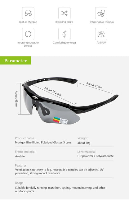 MOVIGOR 5 Lens Polarized Cycling Glasses Sports Men Sunglasses Road Bicycle Goggles Mountain Bike Riding Protection Eyewear set