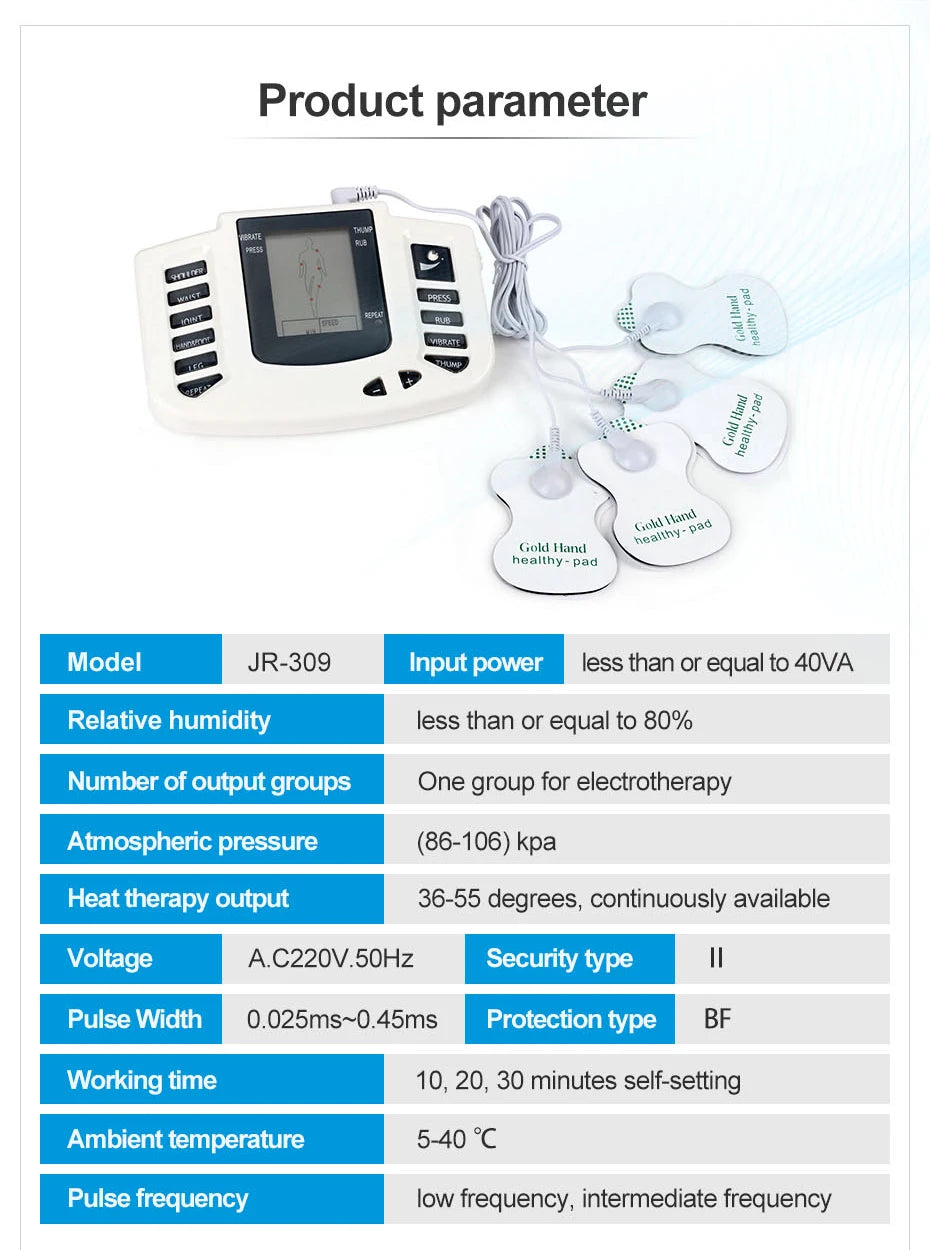 JR309 EMS Tens Massage Unit +16 Pads Russian Electrical Pulse Acupuncture Full Body Relax Muscle Massager Stimulator