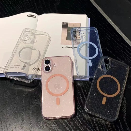 Luxury Transparent Magnetic Clear Glitter Phone Case For iPhone 16 15 14 13 ProMax Plus Soft Shockproof Magsafe Silicone Cover