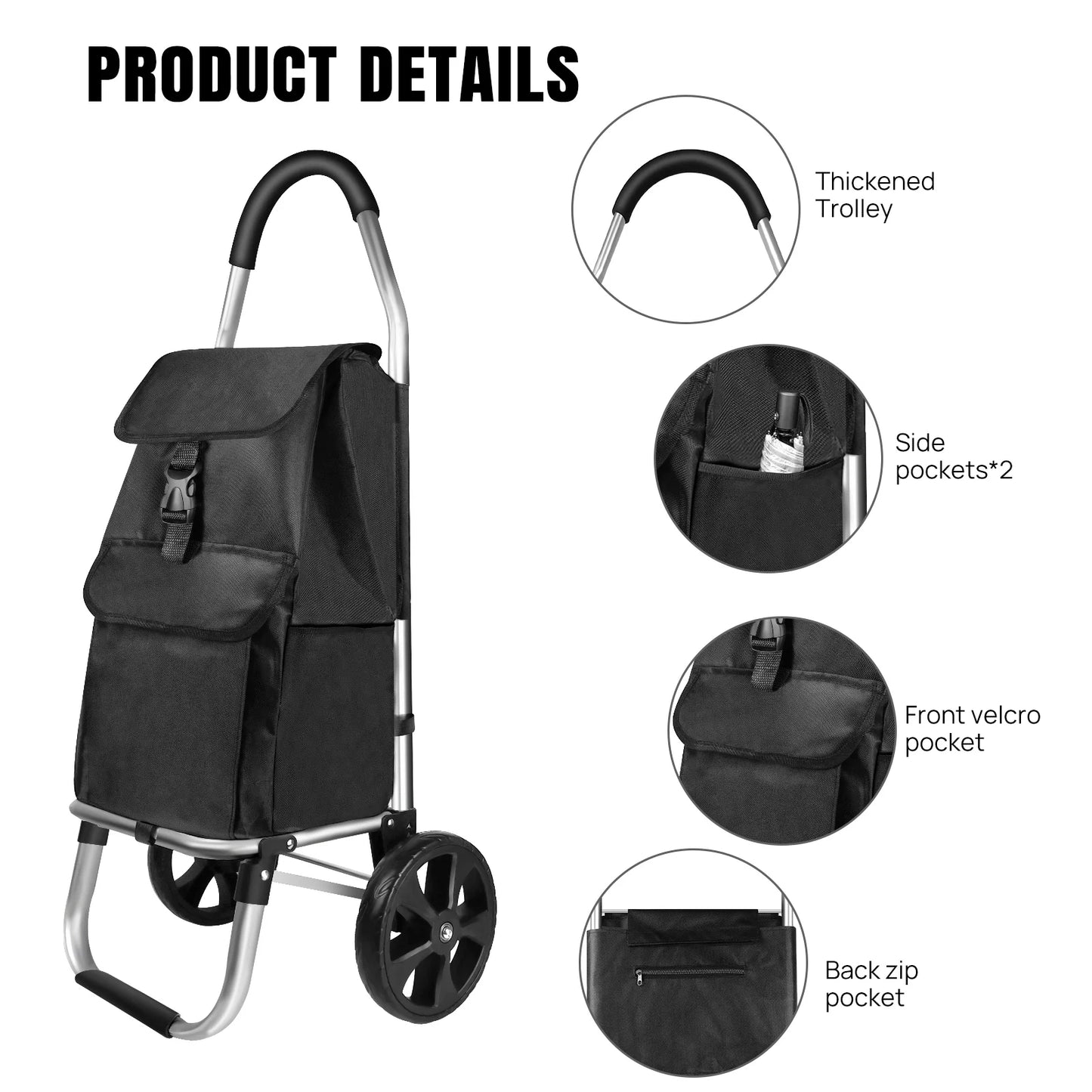 Foldable shopping trolley Lightweight aluminium shopping trolley Comes with removable shopping bag Waterproof fabric Mudguard