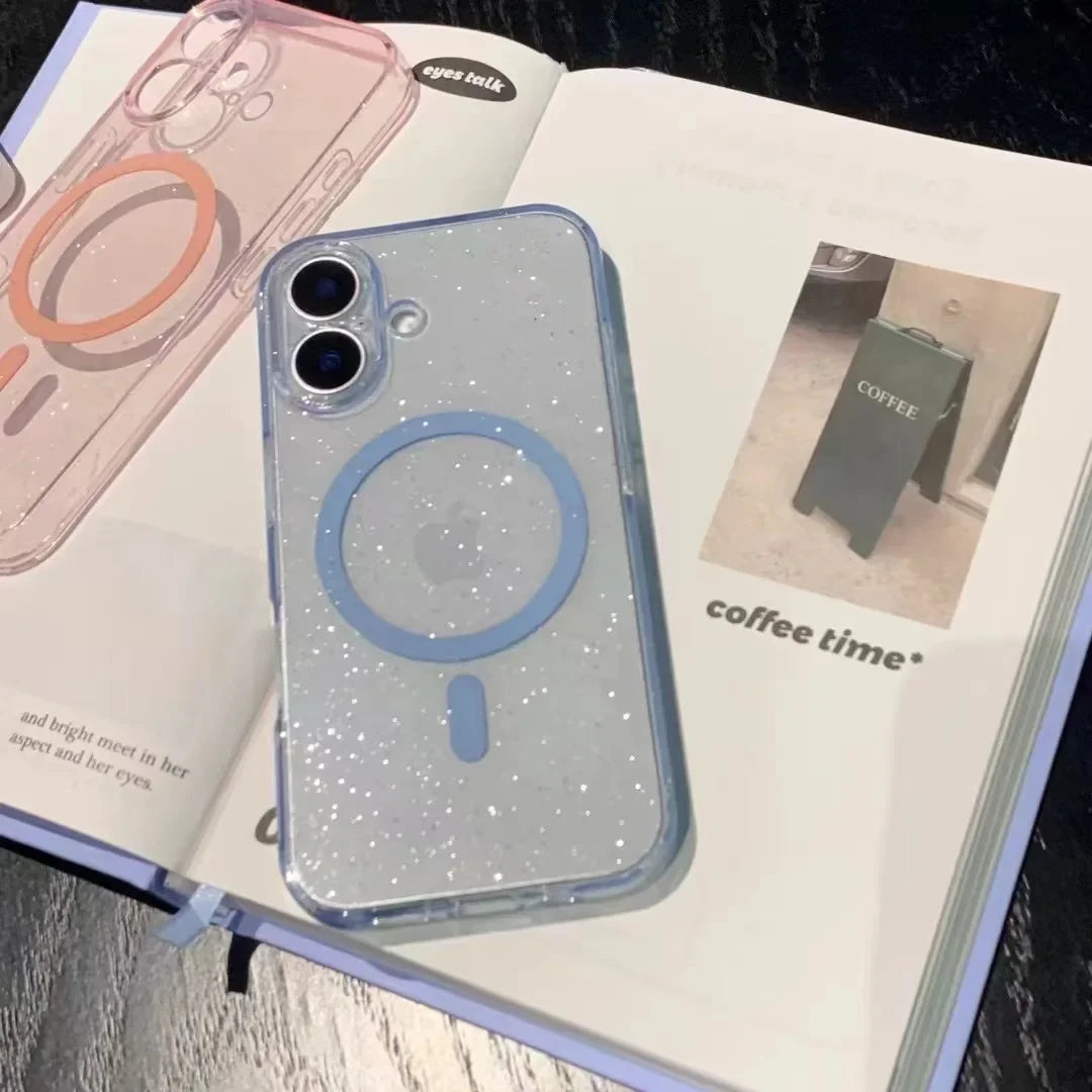 Luxury Transparent Magnetic Clear Glitter Phone Case For iPhone 16 15 14 13 ProMax Plus Soft Shockproof Magsafe Silicone Cover