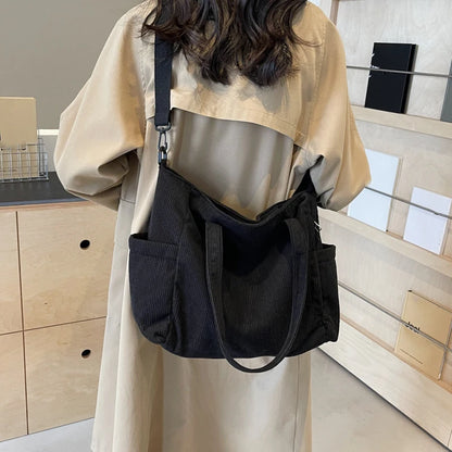 Women Corduroy Tote Bag Casual Multi Pocket Handbag Adjustable Strap Crossbody Sling Bag Zipper Shoulder Bag Fall Winter Bag