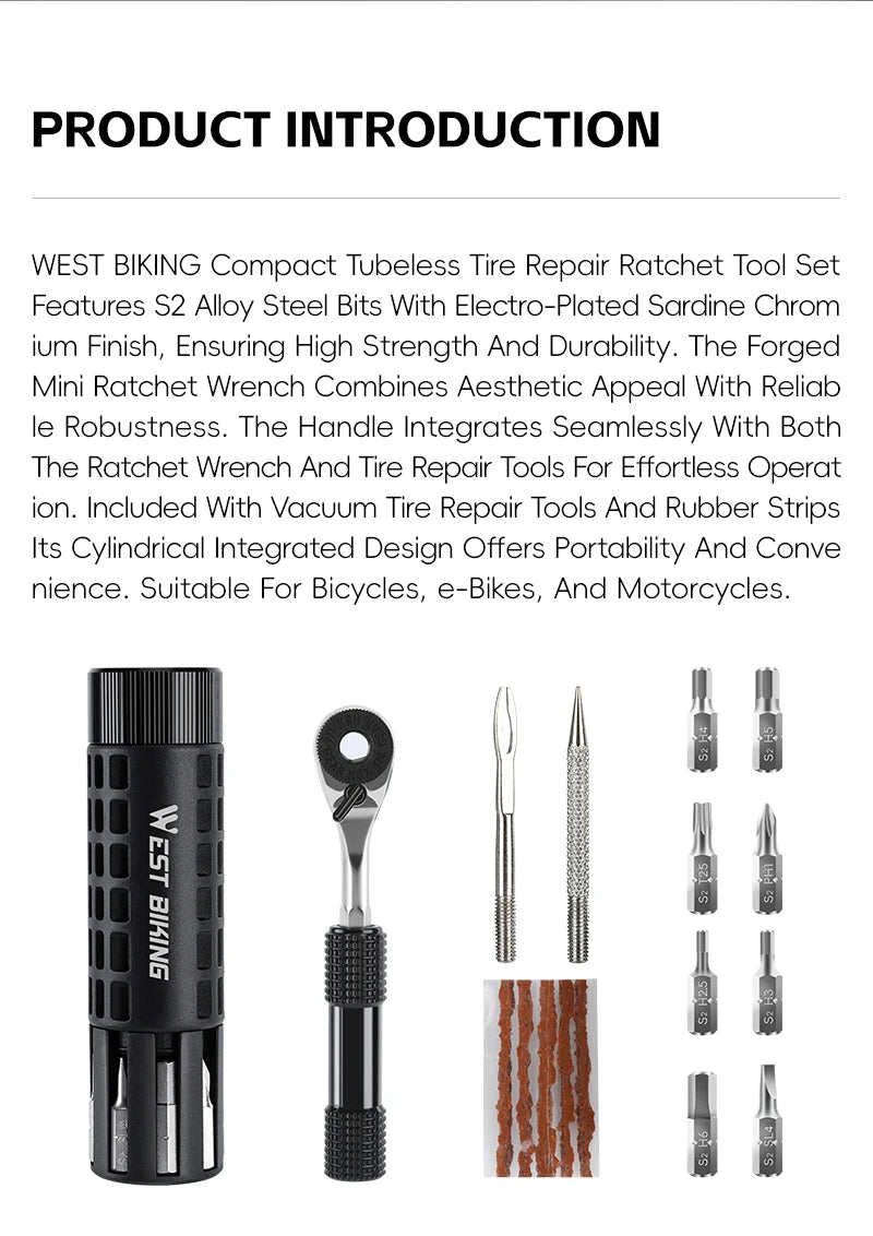WEST BIKING Mini Ratchet Wrench Vacuum Portable Tubeless Tool Set Bicycle Motorcycle Emergency Multitool Tire Repair Kit E-Bikes