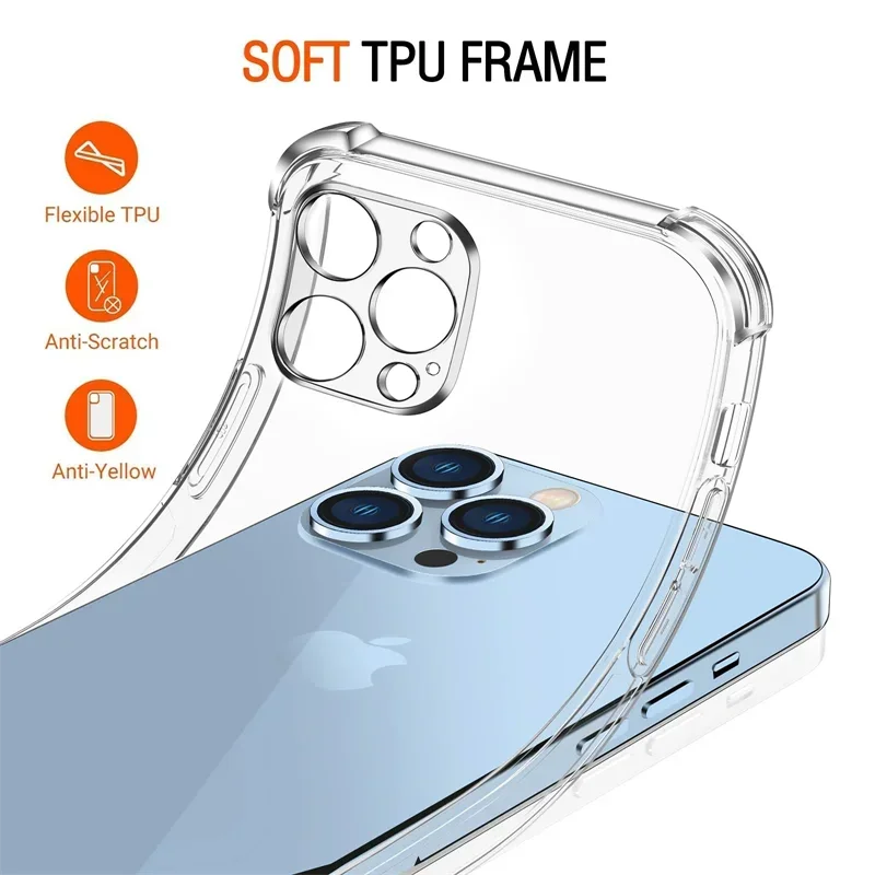 Shockproof Silicone Clear Phone Case For iPhone 11 12 13 14 15 Pro Max Plus Lens Protection For iPhone 13 14 15 Pro Back Cover