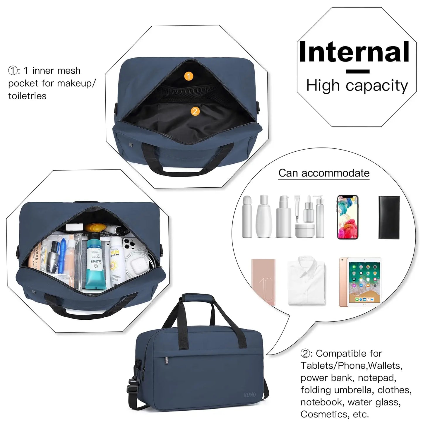 Kono Holdall Cabin Luggage Carry-on Bag Under Seat Flight Bag with Shoulder Strap