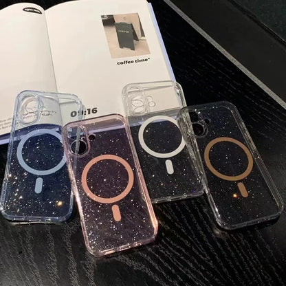 Luxury Transparent Magnetic Clear Glitter Phone Case For iPhone 16 15 14 13 ProMax Plus Soft Shockproof Magsafe Silicone Cover