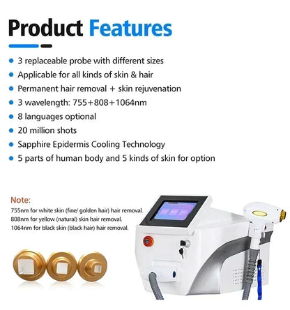 808 Diode Laser Hair Removal Machine 755 808 1064nm Wavelengths Cooling Head Painless Laser Epilator Face Body Hair Removal