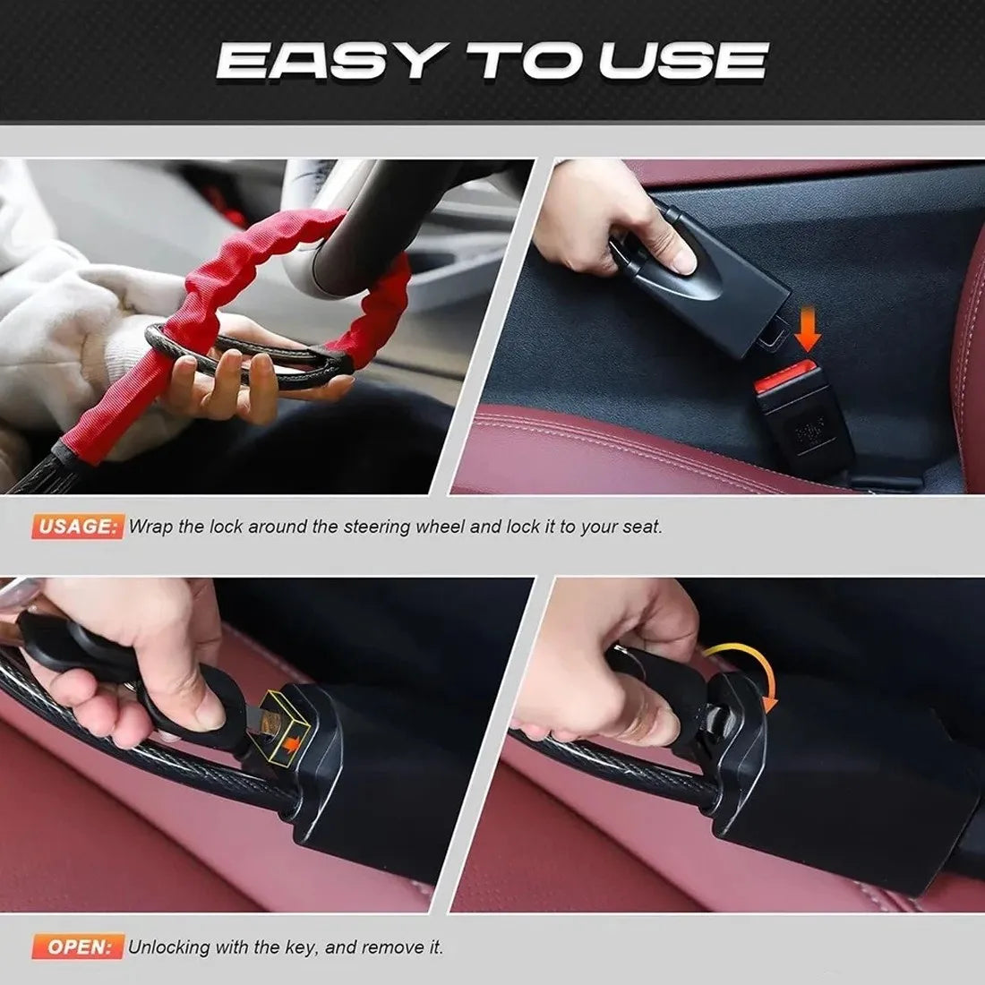 Steering Wheel Lock Anti-Theft Car Security Device Heavy Duty Seat Belt Lock