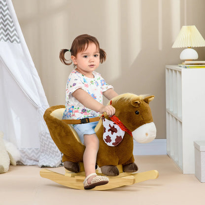 HOMCOM Kids Rocking Horse, Plush Baby Rocking Chair w/ Safety Harness, Sounds