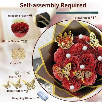 12/24PC Glitter Roses Artificial Flowers DIY Bouquet Everlasting Fake Flower for Wedding Anniversary Valentines Day Mothers Gift