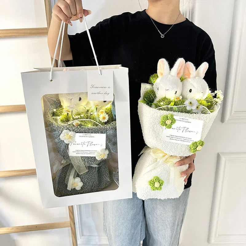 Rabbit Doll Plush Flower Bouquet Graduation Crochet Flower Bouquet Mothers Day Birthday Gifts Valentin Day Gift for Girlfriend