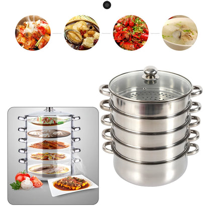 5-Tier Stainless Steel Food Steamer 26cm Meat Vegetable Steamer Pot Kitchen Cookware with Lid