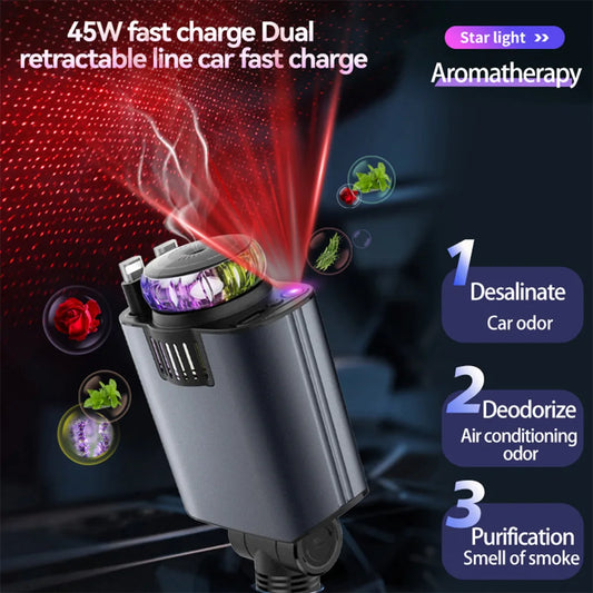 5-in-1 PD45W Car Charger USB Type-C Power Adapter Phone Charger With Roof Starlight Aromatherapy Air Freshener For IOS Android