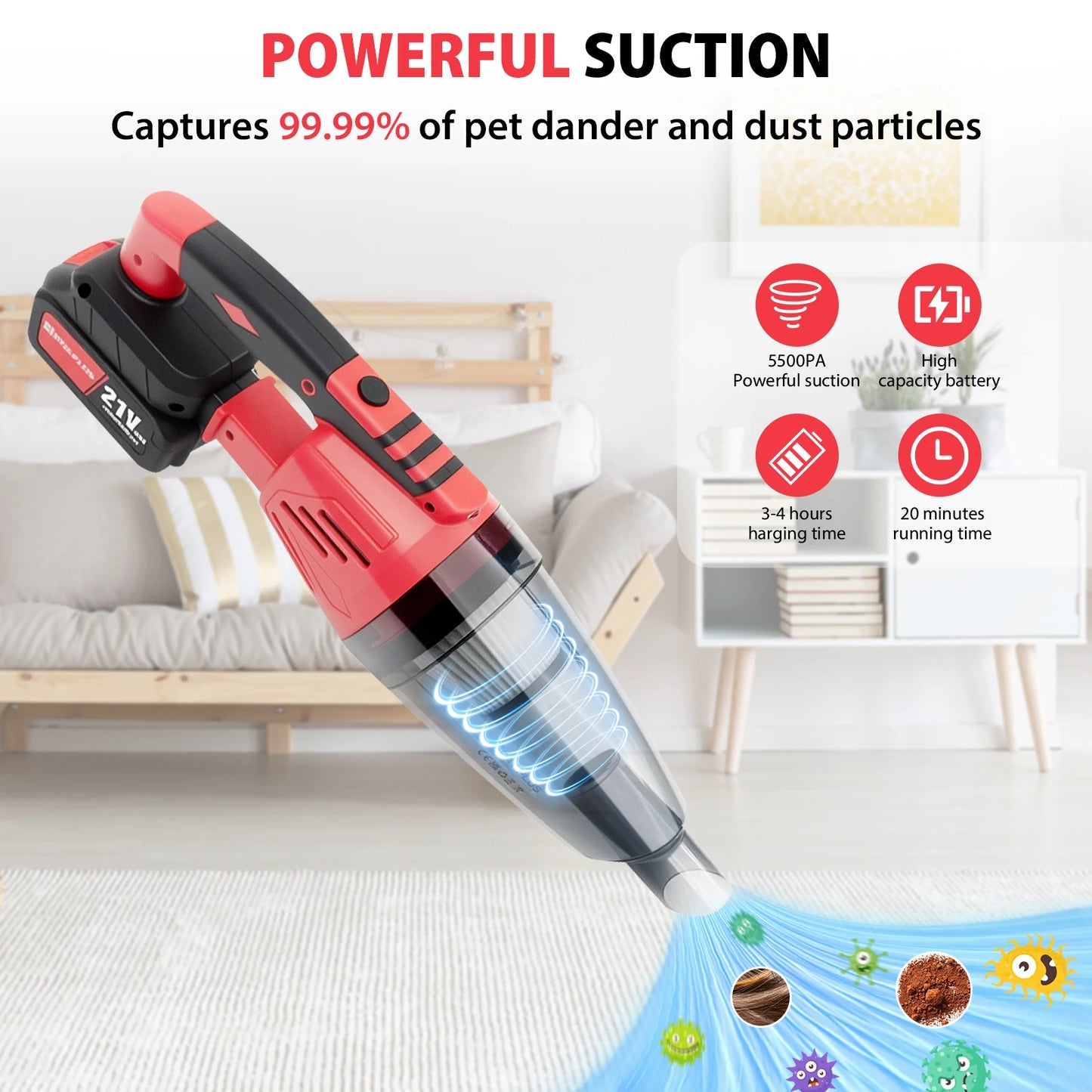 120W Cordless Vacuum Cleaner for Car, 5500Pa Suction, 2-IN-1 Handheld Car Vacuum Cleaner for Carpet, with 21V 2.2Ah Battery