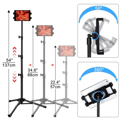 Tablet Tripod Stand Holder Height Adjustable Phone Floor Mount Stand for 4.7-12.9 Inch Device