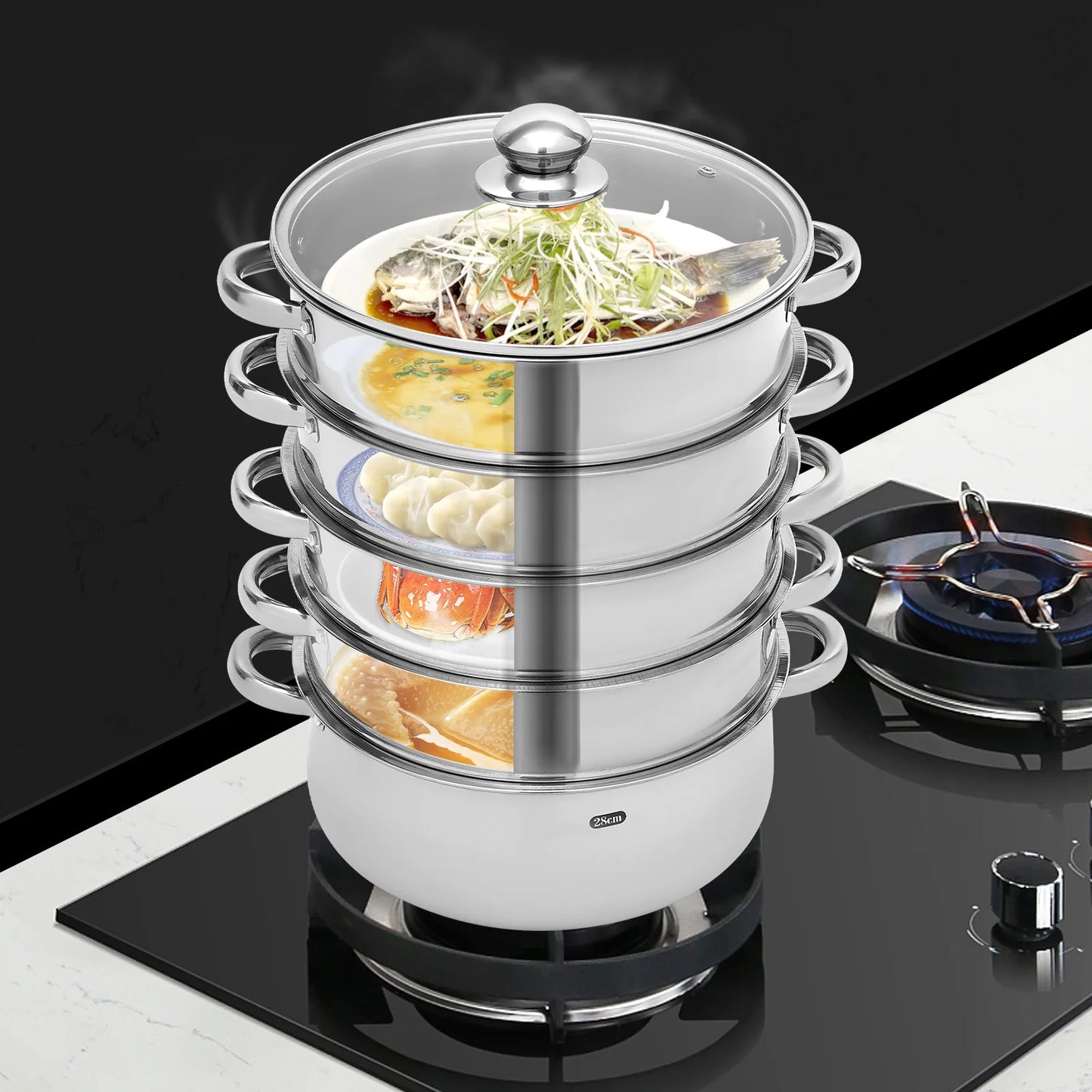28cm 5-Tier Steam Cooker, Stainless Steel Steamer, Kitchen Cooking Steamer, Pan Cook Pot with Glass Lid Multi-Layer Cookware