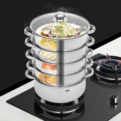 28cm 5-Tier Steam Cooker, Stainless Steel Steamer, Kitchen Cooking Steamer, Pan Cook Pot with Glass Lid Multi-Layer Cookware