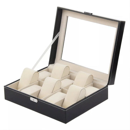 10 Grids Watch Box Luxury PU Leather Display Case Organizer Top Glass Jewelry Collection Storage Holder Box Black