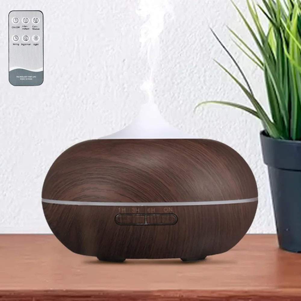 400ml Aroma Diffuser Aromatherapy Essential Oil Diffuser Wood Color Air Humidifier with 7 Colors Light Remote Control EU/UK Plug