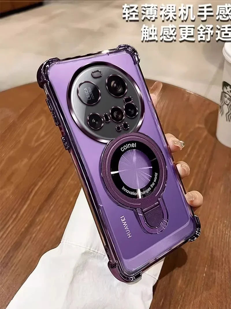 For Xiaomi 15 Ultra Case Magnetic Holder Luxury Plating Airbag Soft Silicone Transparent Camera Protection Shockproof Back Cover