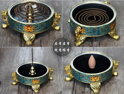 Copper Alloy Antique Incense Burner Aromatherapy Incense Burner Sandalwood Embossed Enamel Painted Temple Plate Incense Burner