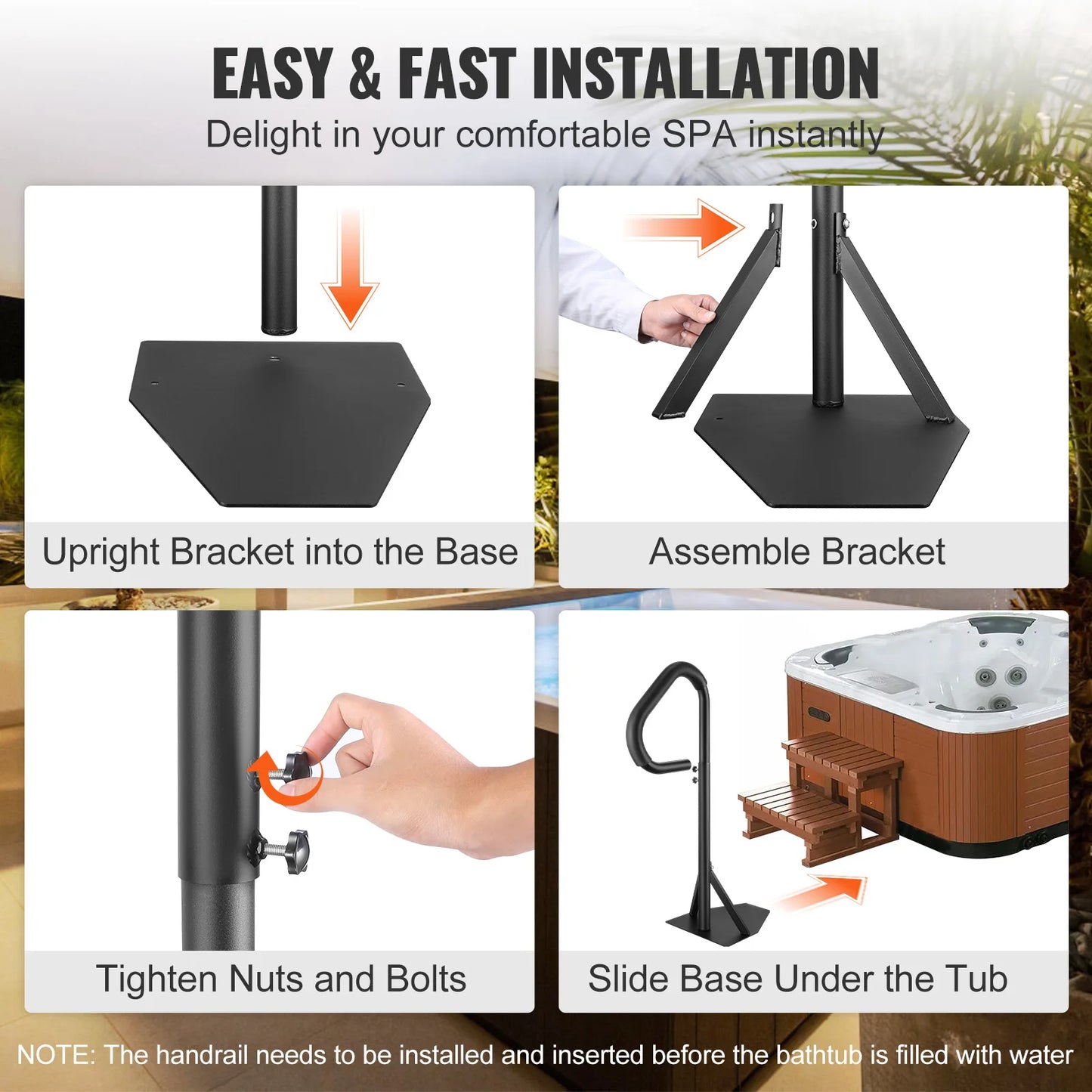 SucceBuy 360Rotatable Hot Tub Handrail Spa Side Hand Rail Adjustable Height W/ Slide-Under Mount Base for Indoor Outdoor Bathtub