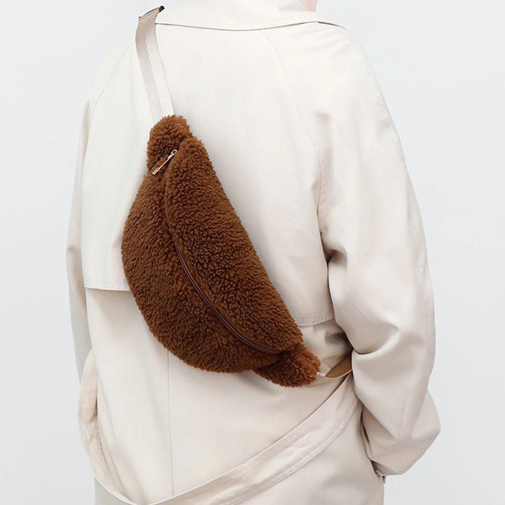 Unisex Fuzzy Crossbody Bag Zipper Closure Solid Shoulder Bag Multifunctional Soft Foldable Lightweight Autumn Winter Daily Bag