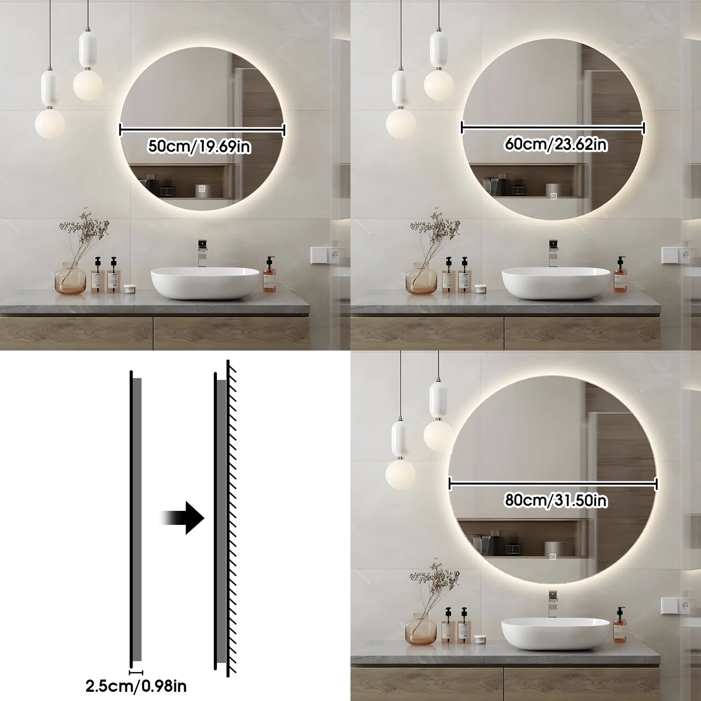 LED Bathroom Mirror Round Vanity Mirror With Backlit Lights Wall Mounted Dimmable 3 Color Lighting IP54