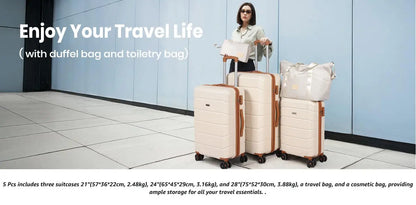 Luggage Sets of 5 Piece, Lightweight Trolley Travel Suitcase Set ABS Hard Shell, 21" + 24" + 28"+ Duffels Bag & Toiletry Bag