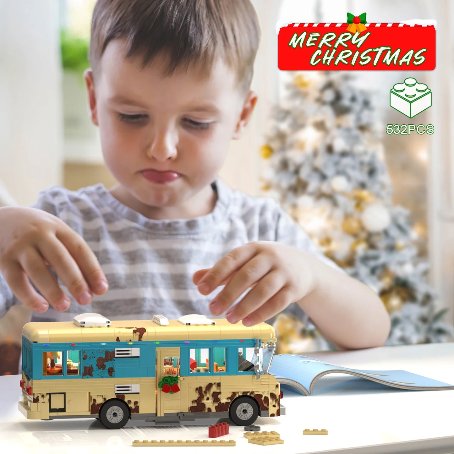 Christmas Cousin's RV Building Blocks Set LED Christmas Holiday Snow Village RV Toys Gifts for Boys, Girls, Family