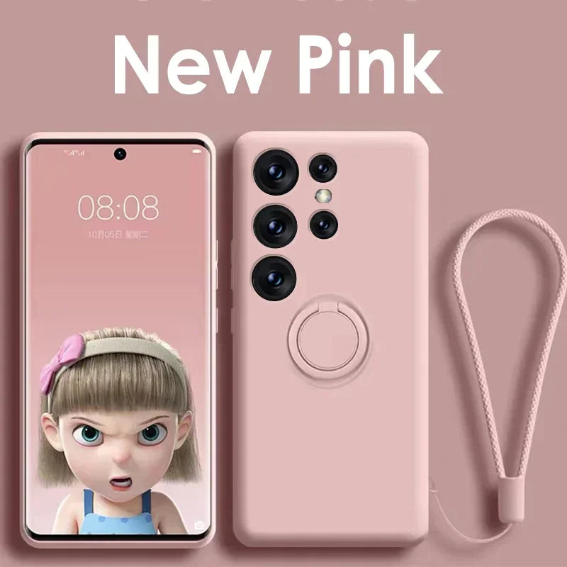 Liquid Silicone Phone Case For Samsung Galaxy S24 S23 FE S21 S20 S22 Plus Note 20 Ultra Cover with Magnetic Ring Holder Strap