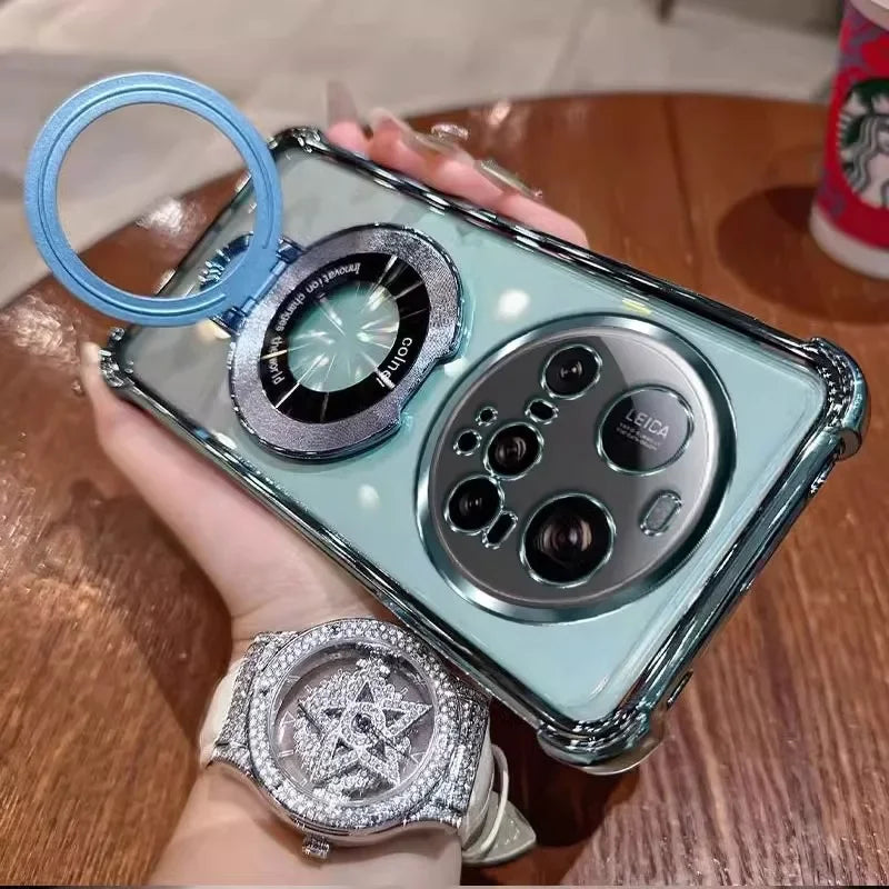 For Xiaomi 15 Ultra Case Magnetic Holder Luxury Plating Airbag Soft Silicone Transparent Camera Protection Shockproof Back Cover