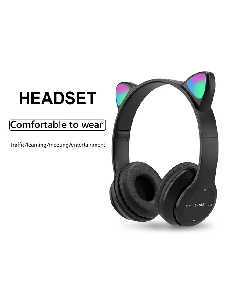 Wireless Headphones Cat Ear Gaming Headset Glow Light Bluetooth-Compatible Helmets Stereo Bass Sports Headphones for PC Phone