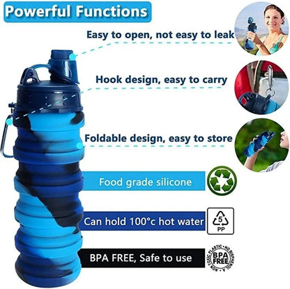 500ML Portable Retractable Silicone Bottle Folding Water Bottles Outdoor Travel Drinking Cup with Carabiner Collapsible Cups