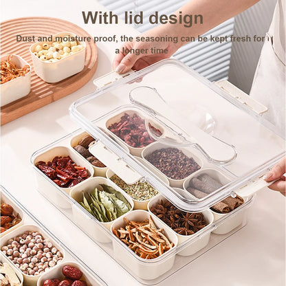 Divided Serving Tray Food Dispenser Kitchen Storage Box 9 Compartments Snack Box for Candy, Nuts, Cookies, Fruit Storage Box