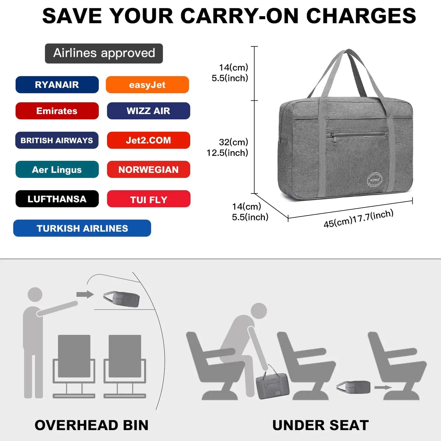 EasyJet-Approved 45x36x20cm Underseat Cabin Bag - Foldable Carry-On Duffel for Travel, Weekend & Overnight Trips