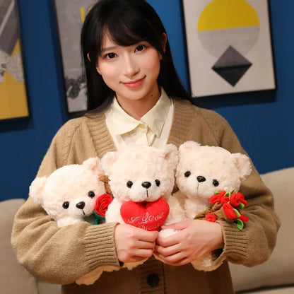 15/25cm Sitting Cartoon Bear Plush Toy Stuffed Valentine's Day Rose Animal Say Love Holding Red Heart Girlfriend Gift