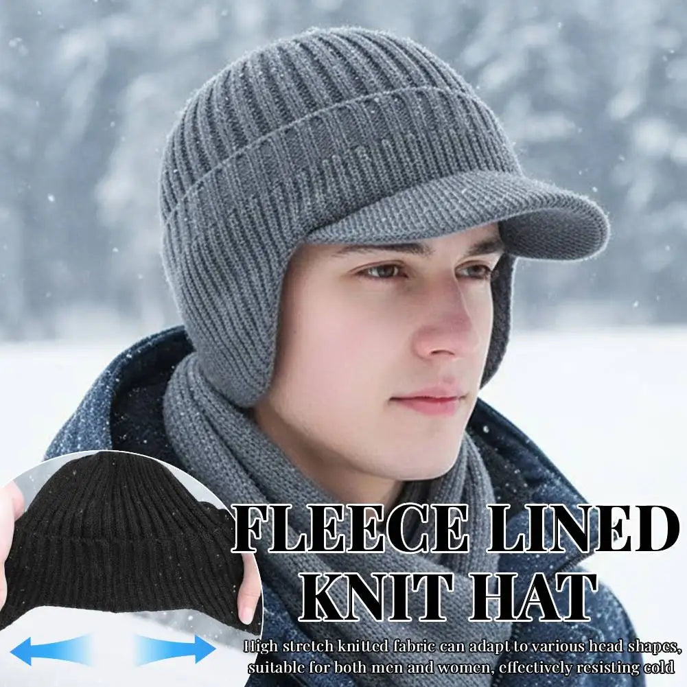 Winter Warm Fleece Lined Knit Hat W/Brim & Ear Flaps Stocking Caps Soft Beanie Hat For Women Men for Cold Weather Outdoor Sports