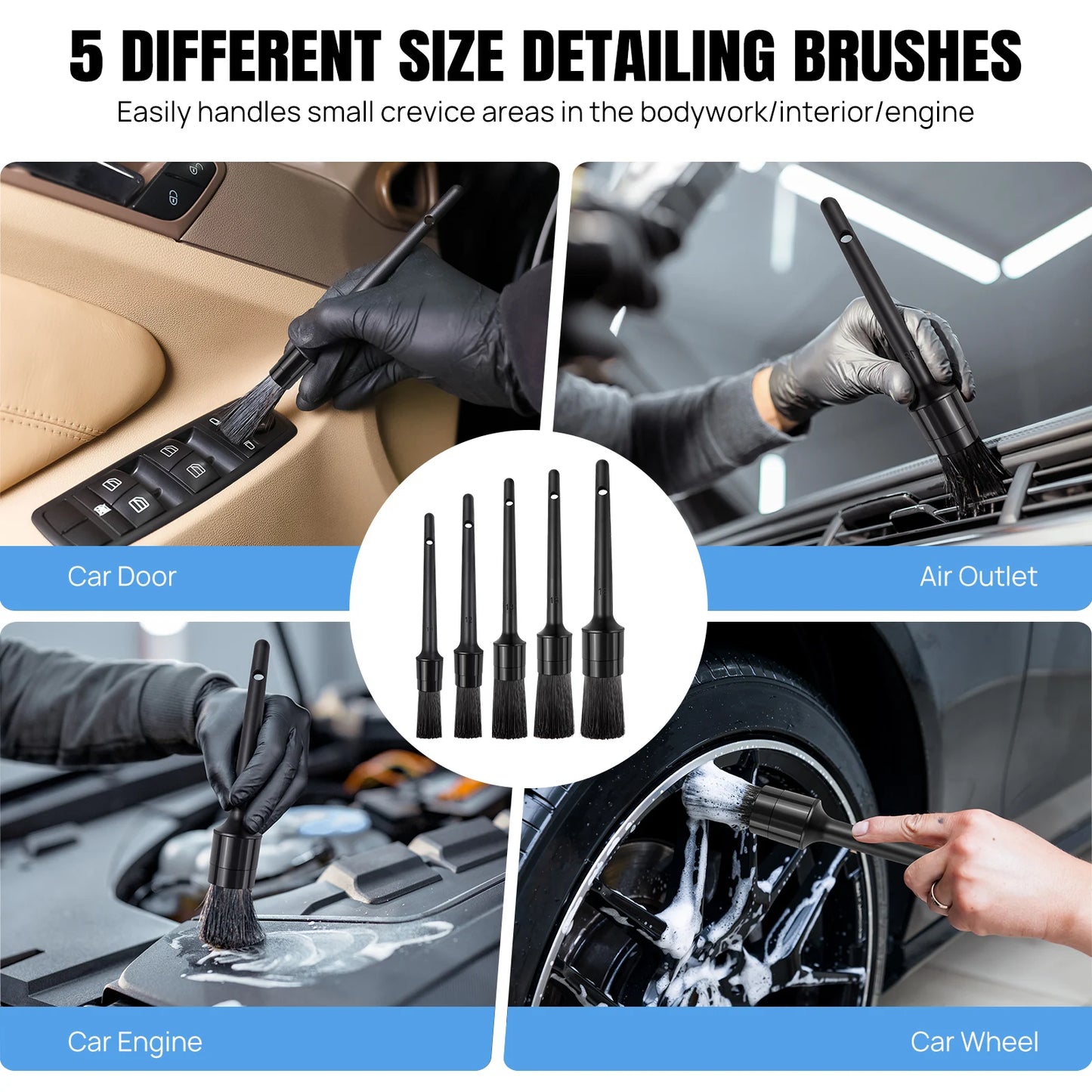 Car Detailing Brush Set, Kit, Brushes, Cleaning Windshield Tool, Professional Care kit - Wash for Interior Exterior Wheels
