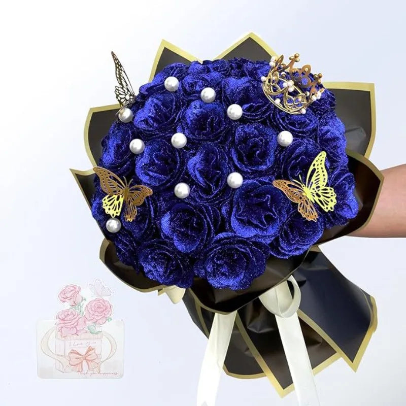 12/24PC Glitter Roses Artificial Flowers DIY Bouquet Everlasting Fake Flower for Wedding Anniversary Valentines Day Mothers Gift