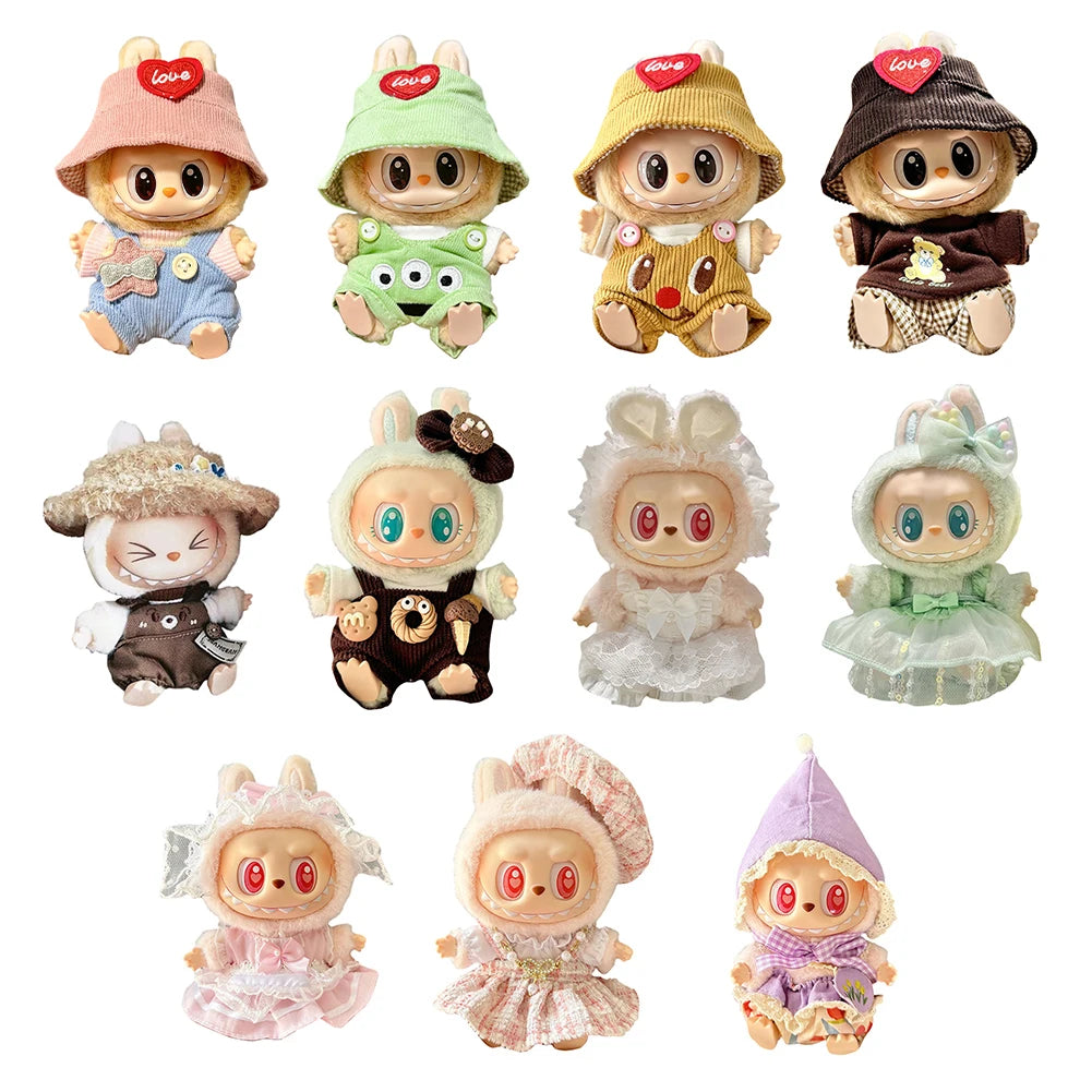 Mini Plush Doll Overall Decorative Kawaii Doll Clothes DIY Cute Plushies Outfit with Hat Cartoon Animal Toy Dress for Home Decor