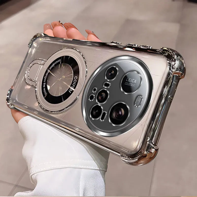 For Xiaomi 15 Ultra Case Magnetic Holder Luxury Plating Airbag Soft Silicone Transparent Camera Protection Shockproof Back Cover