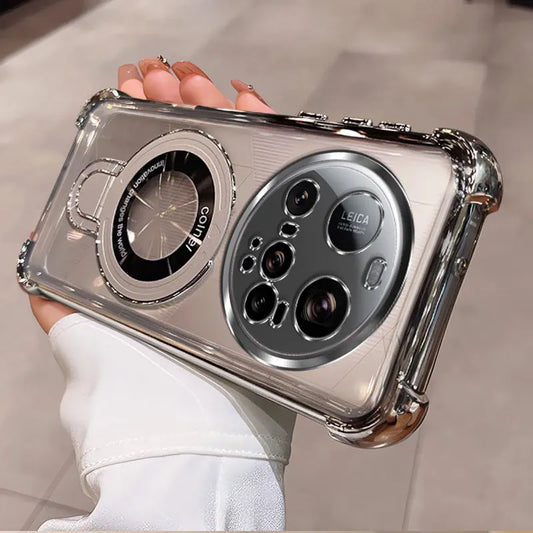 For Xiaomi 15 Ultra Case Magnetic Holder Luxury Plating Airbag Soft Silicone Transparent Camera Protection Shockproof Back Cover